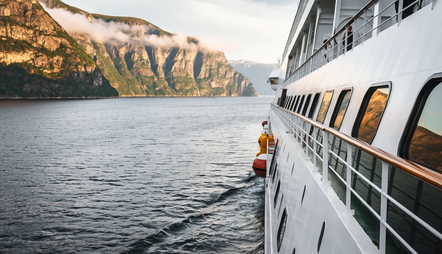 Kreuzfahrtschiff vor steilen Fjordbergen