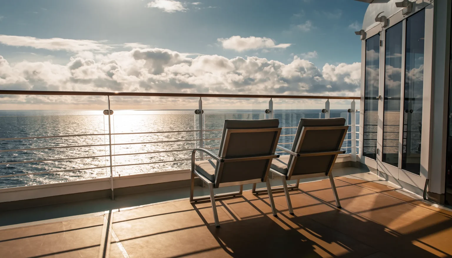 Balkon mit Liegestühlen und Meerblick bei Sonnenaufgang