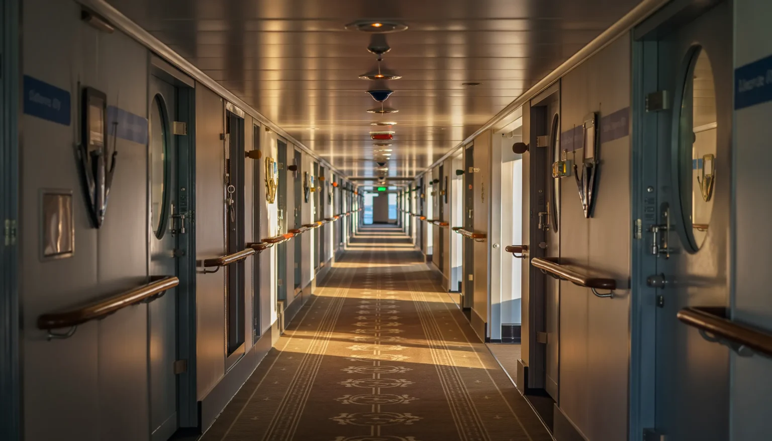 Beleuchteter Gang mit Kabinentüren auf einem Kreuzfahrtschiff