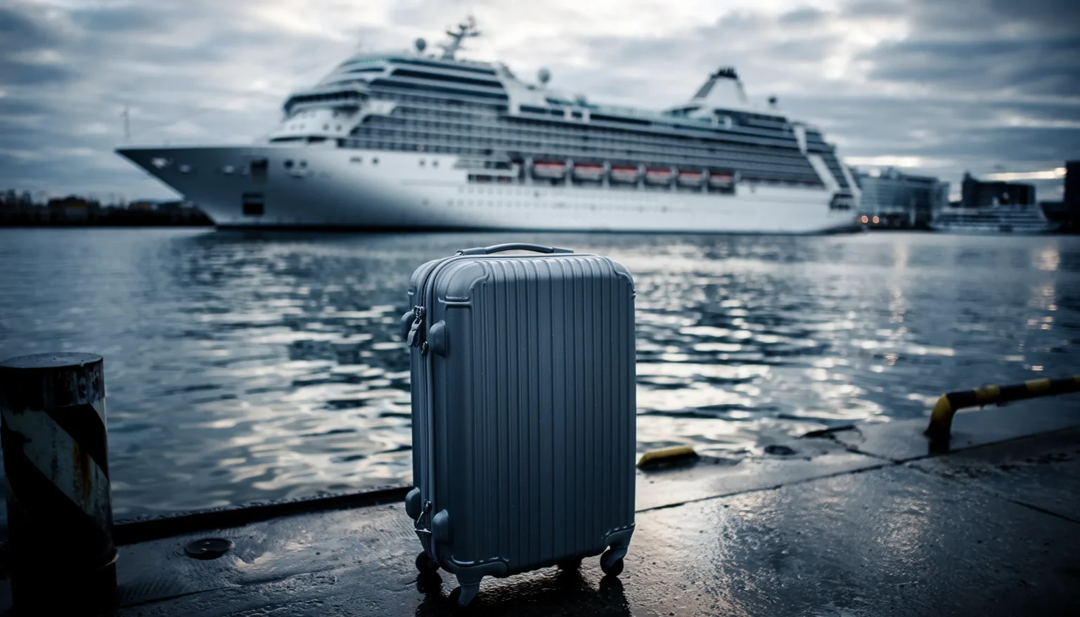 Rollkoffer am Kai vor Kreuzfahrtschiff bei Dämmerung