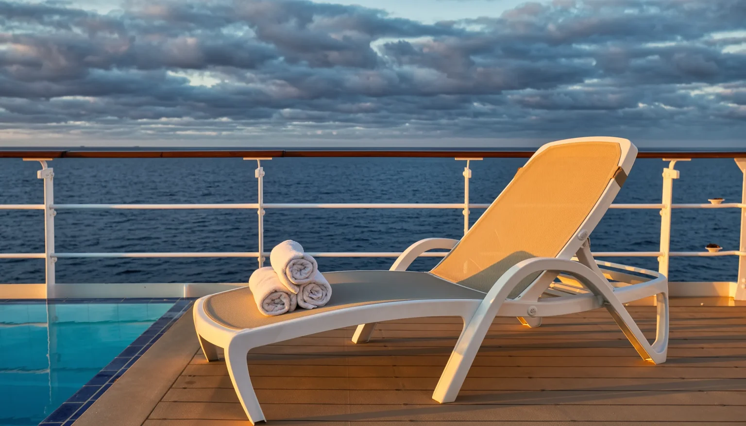 Poolliege mit aufgerollten Handtüchern auf dem Deck