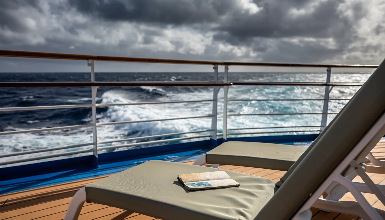 Poolliegen auf Deck mit stürmischer See im Hintergrund