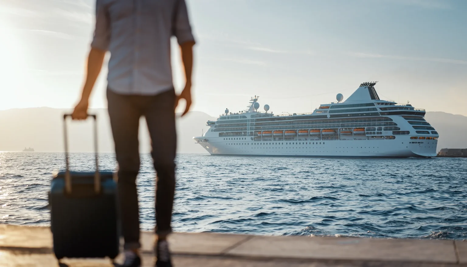 Passagier mit Rollkoffer vor Kreuzfahrtschiff im Hafen