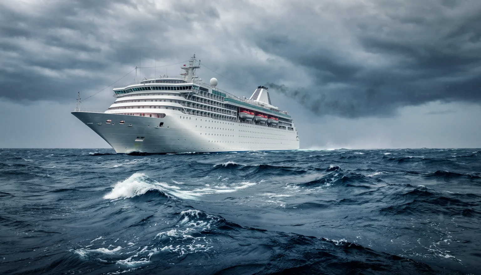 Kreuzfahrtschiff bei rauer See unter stürmischem Himmel