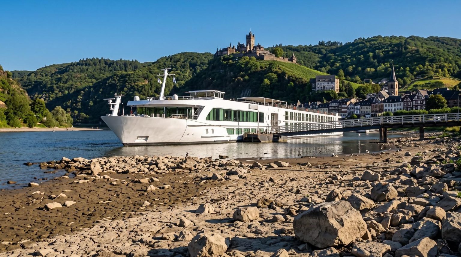 Flusskreuzfahrtschiff vor Burg Cochem, im Vordergrund trockenes, steiniges Flussufer